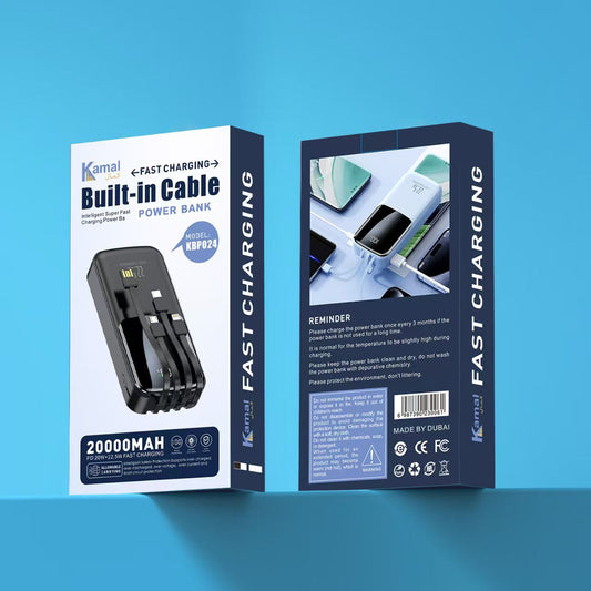 Kamal Built-in Cable Power Bank 20000mAh (Model: KBP024) – Fast Charging